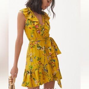 Anthropologie Maeve Yellow Floral Wrap Mini Dress with Green & Blue Accents